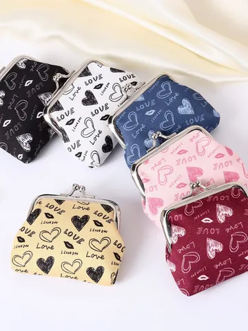 Damen Mini Herz Print Münzbeutel Süße Bügelverschluss Kleine Geldbörse Tragbare Schlüsselkarte Aufbewahrungstasche Polyester Geschenk