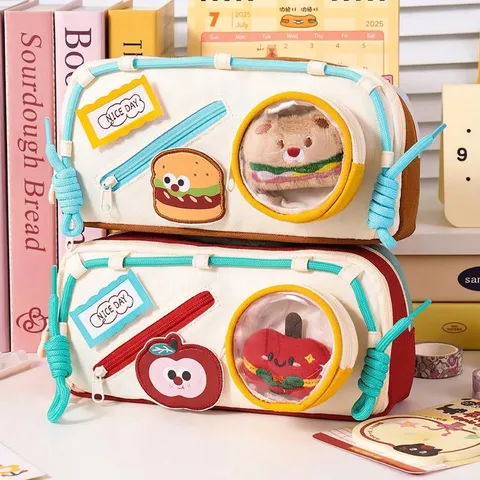 Large Capacity Pencil Case Simple Drawstring Stationery Storage Bag Oxford Cloth Pen Pouch For School Students Office Cute Burger Bear Red Apple Design