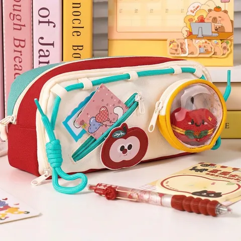Large Capacity Pencil Case Simple Drawstring Stationery Storage Bag Oxford Cloth Pen Pouch For School Students Office Cute Burger Bear Red Apple Design