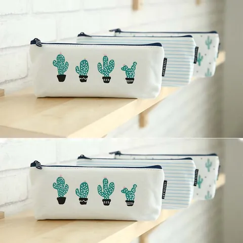 Trousse à Crayons en Toile Mignon Imprimé Cactus Grande Capacité Pochette à Stylos avec Fermeture Éclair Sac Organisateur de Papeterie pour École et Bureau