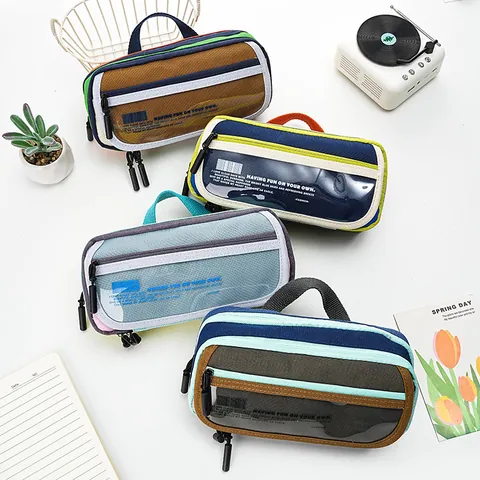 Große Kapazität Farbblock Handheld Federmäppchen Strapazierfähig Segeltuch Schreibwaren Tasche Mit Griff Und Transparentem Fenster Für Schule Büro