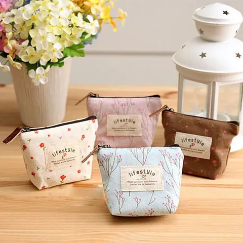 Porte-monnaie en Toile pour Femmes Imprimé Floral Fermeture Éclair Mini Portefeuille Pochette Portable Rangement Écouteurs