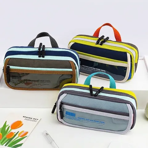 Große Kapazität Farbblock Handheld Federmäppchen Strapazierfähig Segeltuch Schreibwaren Tasche Mit Griff Und Transparentem Fenster Für Schule Büro