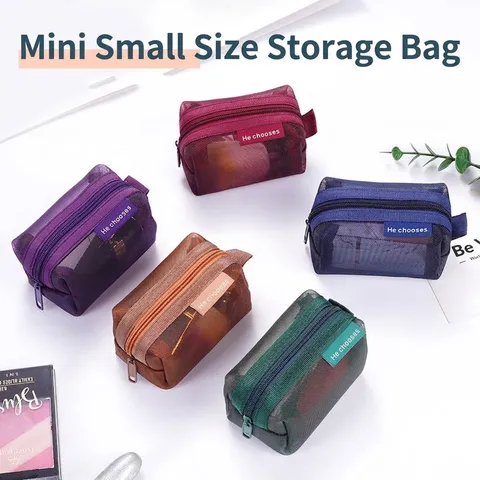 Vintage Mini Mesh Cubic Coin Purse Portable Nylon Earphone Storage Bag Transparent Key Organizer For Travel Small Item Pouch