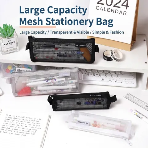 Minimalist Transparent Mesh Pencil Case Nylon Stationery Storage Bag For Students Office School Multi-function Zipper Pouch