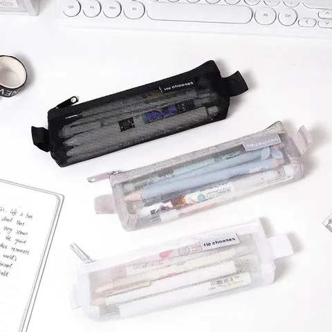 Minimalist Transparent Mesh Pencil Case Nylon Stationery Storage Bag For Students Office School Multi-function Zipper Pouch