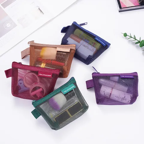 Minimalistische Nylon Mesh 3D Driehoek Portemonnee Draagbare Rits Opbergtas Voor Sleutels Kaarten Lippenstift