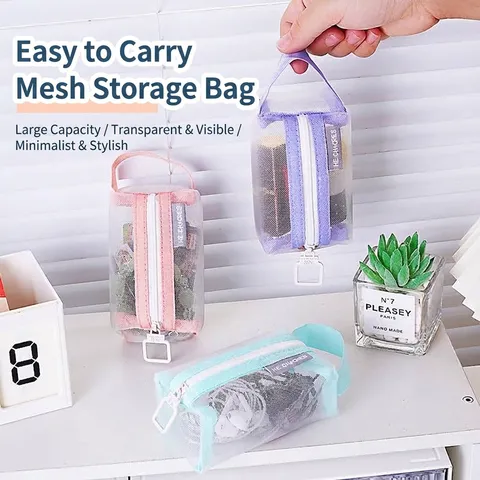 Modern Quadratisch Nylon Netz Aufbewahrungstasche Mit Reißverschluss Tragbar Griff Transparent Netz Make-up Kosmetiktasche Mini Geldbeutel Für Reisen Büro