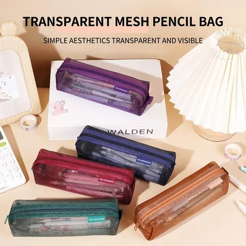 Minimalistisch Transparant Nylon Mesh Pennenzak Grote Capaciteit Vintage Kleur Briefpapier Opbergtas Draagbare Pennenzak Voor School Kantoor