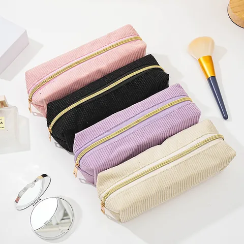 Minimalist Corduroy Large Capacity Cosmetic Bag Portable Travel Makeup Pouch Cute Stationery Pencil Case For Women Girls