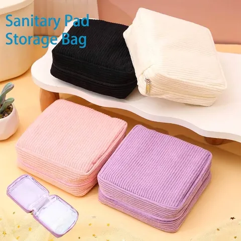 Corduroy Menstrual Bag For Women Girls Cotton Linen Sanitary Napkin Storage Pouch Portable Square Zipper Period Bag Student