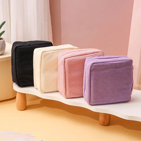 Corduroy Menstrual Bag For Women Girls Cotton Linen Sanitary Napkin Storage Pouch Portable Square Zipper Period Bag Student