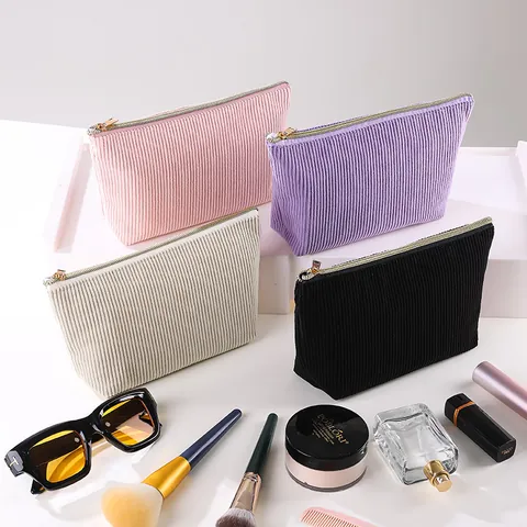 Große Kapazität Cordsamt Kosmetiktasche Tragbare Reise Kulturbeutel Mit Reißverschluss Gestreift Kariert Makeup Organizer Pouch Für Damen