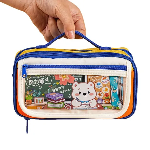 Retro Cartoon Bär Federmäppchen Große Kapazität Mehrschichtig Oxford Stoff Schreibwarentasche Handheld Student Organizer Schulbedarf