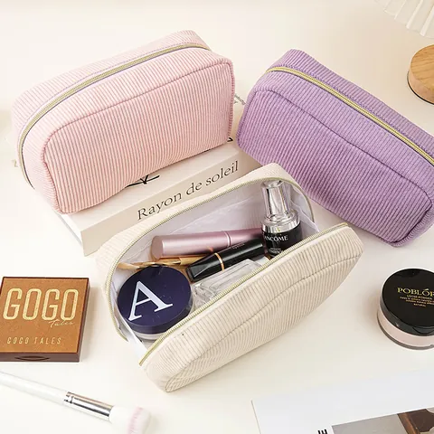Large Capacity Corduroy Makeup Bag For Women Portable Travel Cosmetic Storage Bag Minimalist Solid Color Lipstick Pouch