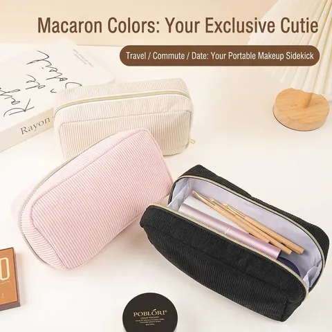 Large Capacity Corduroy Makeup Bag For Women Portable Travel Cosmetic Storage Bag Minimalist Solid Color Lipstick Pouch