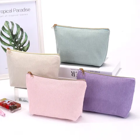 Große Kapazität Cordsamt Kosmetiktasche Tragbare Reise Kulturbeutel Mit Reißverschluss Gestreift Kariert Makeup Organizer Pouch Für Damen