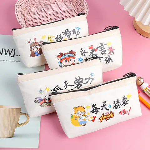Motivational Canvas Pencil Case Cute Cartoon Student Stationery Bag Zipper Pencil Pouch Desktop Storage Organizer For School Teenagers