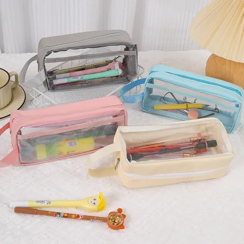 Estuche Minimalista Transparente de Gran Capacidad Con Ventana Visible y Asa de Mano Bolsa de Papelería para Estudiantes Escuela Oficina