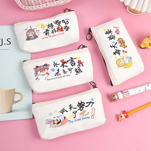 Motivational Canvas Pencil Case Cute Cartoon Student Stationery Bag Zipper Pencil Pouch Desktop Storage Organizer For School Teenagers