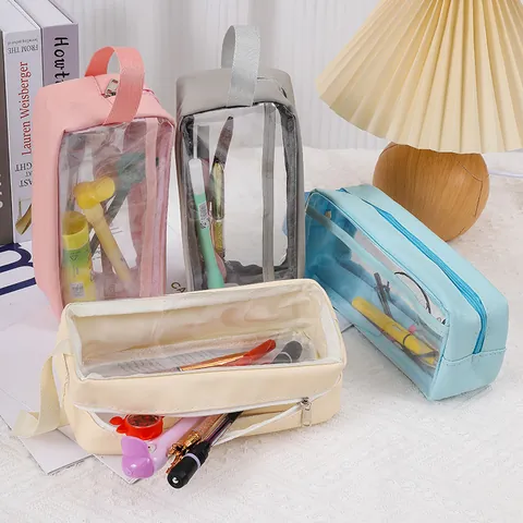 Estuche Minimalista Transparente de Gran Capacidad Con Ventana Visible y Asa de Mano Bolsa de Papelería para Estudiantes Escuela Oficina
