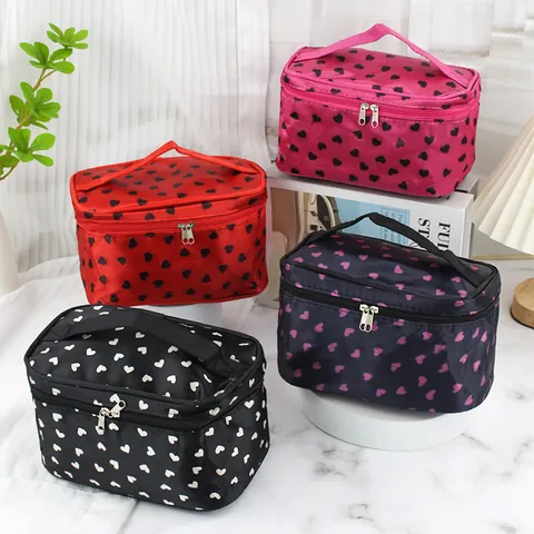 Grote Capaciteit Draagbare Oxford Doek Make-uptas Vierkante Reis Toilet Organizer Met Handvat Hart Stip Lippen Afdruk Voor Vrouwen