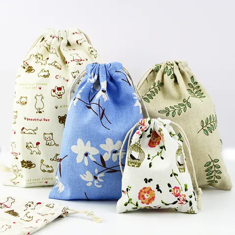 Japanese Cotton Linen Drawstring Bag Pastoral Flower Cartoon Cat Print Organizer Pouch Portable Home Travel Storage Pockets