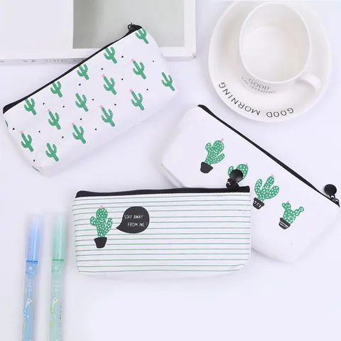 Creatieve Cactus Canvas Etui Grote Capaciteit Wit Groen Bedrukte Student Briefpapier Tas Schattige School Opbergtas