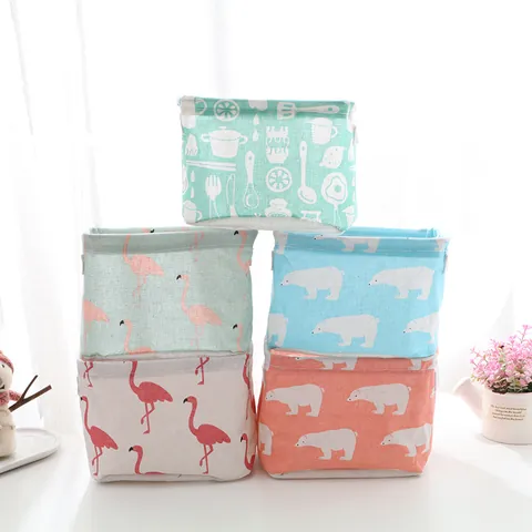 Katoen Linnen Desktop Opbergmand Met Handvat Opvouwbare Stof Organizer Doos Ijsbeer Flamingo Patroon Mand