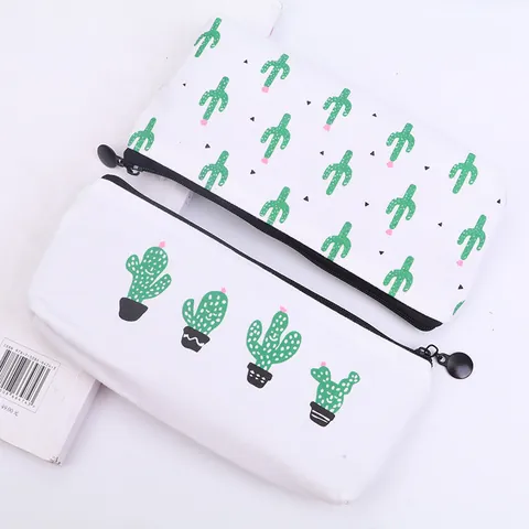 Creatieve Cactus Canvas Etui Grote Capaciteit Wit Groen Bedrukte Student Briefpapier Tas Schattige School Opbergtas