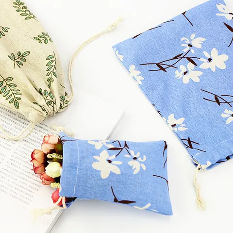 Japanese Cotton Linen Drawstring Bag Pastoral Flower Cartoon Cat Print Organizer Pouch Portable Home Travel Storage Pockets