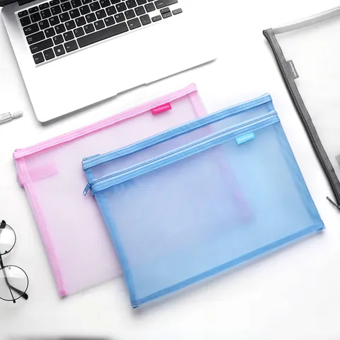 A4 Minimalist Transparent Mesh Document Bag Nylon Zipper File Pouch For Students Office School Data Storage Bag Minimalist Stationery Organizer