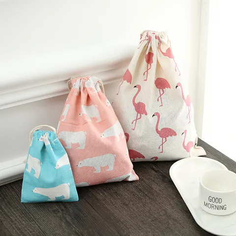 Sacco con Coulisse in Lino di Cotone Motivo Fenicottero Orso Polare Custodia da Viaggio Riutilizzabile Borsa Portaoggetti Casa