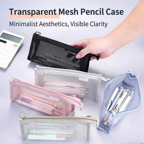 Large Capacity Nylon Mesh Pencil Case Transparent Stationery Pouch Office School Student Exam Cosmetic Storage Bag with Round Zipper Pull