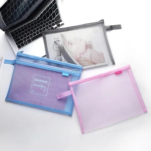 A4 Minimalist Transparent Mesh Document Bag Nylon Zipper File Pouch For Students Office School Data Storage Bag Minimalist Stationery Organizer