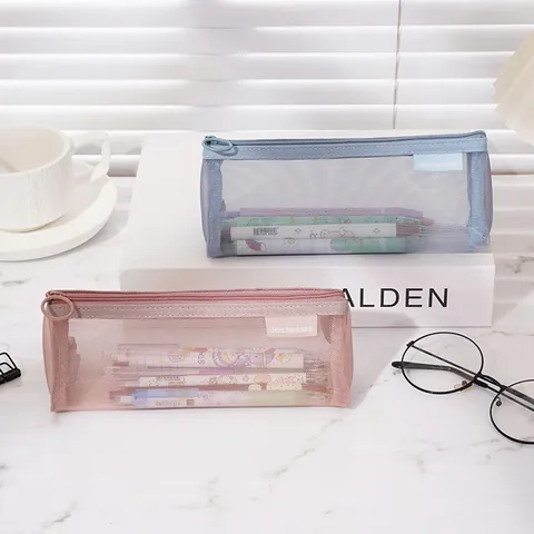 Minimalist Transparent Nylon Mesh Pencil Case Large Capacity 3D Triangular Student Stationery Bag Portable Zipper Pen Pouch