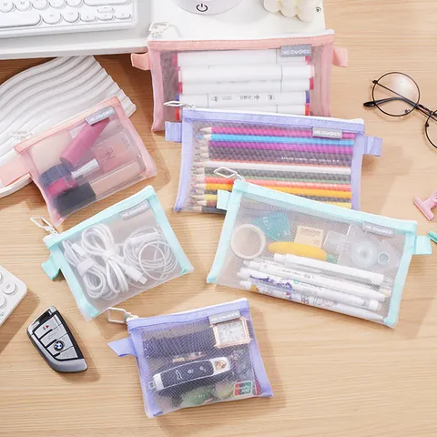 Transparent Mesh Makeup Bag Portable Large Capacity Zippered Toiletry Case Nylon Cosmetic Storage Pouch Travel Organizer