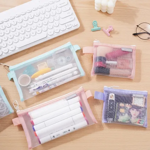 Transparent Mesh Makeup Bag Portable Large Capacity Zippered Toiletry Case Nylon Cosmetic Storage Pouch Travel Organizer