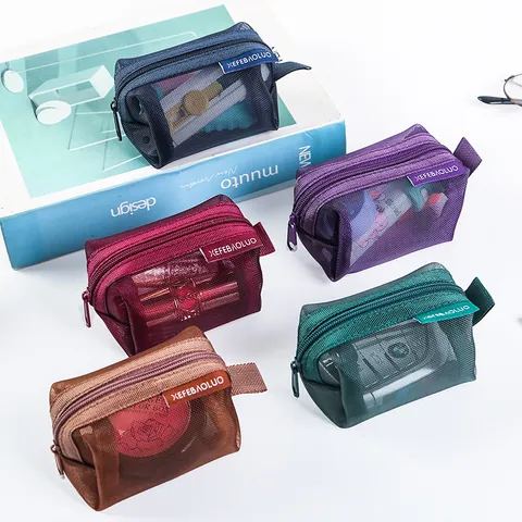 3D Square Mesh Coin Purse Mini Nylon Storage Bag Transparent Earphone Key Pouch Portable Zipper Organizer For Travel Daily Use