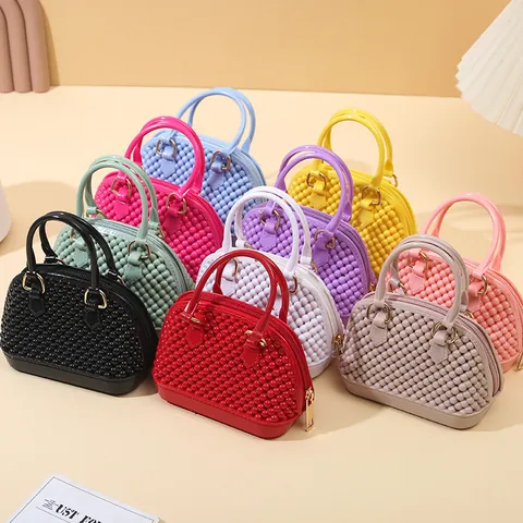 Women's Mini PVC Jelly Shell Bag Trendy Rhombus Pearl Texture Handbag Crossbody Bag With Gold Metal Chain Strap