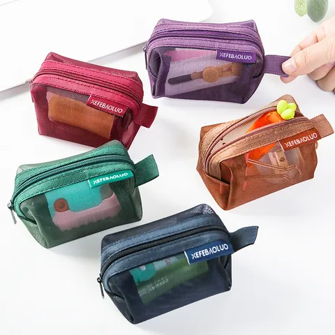 3D Square Mesh Coin Purse Mini Nylon Storage Bag Transparent Earphone Key Pouch Portable Zipper Organizer For Travel Daily Use