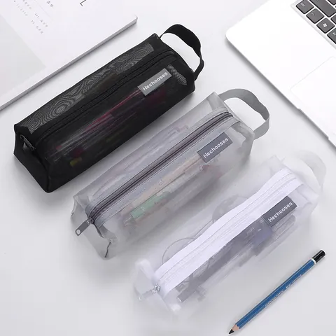 Koreaanse Minimalistische Transparante Gaas Etui Grote Capaciteit Nylon Briefpapier Organizer Tas Met Handriem