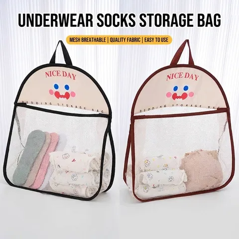 Cartoon Expression Mesh Hanging Storage Bag Breathable Closet Organizer For Socks Underwear Sundries Hanging Dryer Bag
