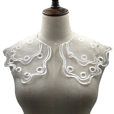 Elegant Women White Double Layer Embroidered Detachable Collar Polyester Organza Scalloped Edge Hollow Lace Capelet Neck Decor