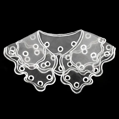 Elegant Women White Double Layer Embroidered Detachable Collar Polyester Organza Scalloped Edge Hollow Lace Capelet Neck Decor