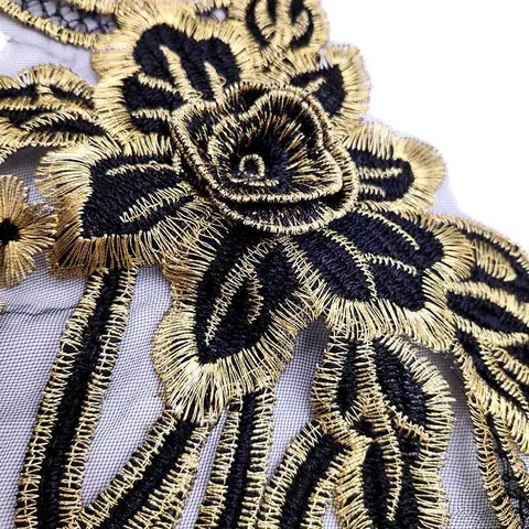 Water Soluble Lace Collar Embroidered Floral Applique Black Gold Thread DIY Sewing Patch For Wedding Dress Clothing Decor