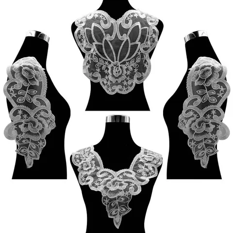 White Polyester Lace Collar Neckline Patches Front Back Neck Applique Sleeve Flower For DIY Dress Sewing Craft Accessory