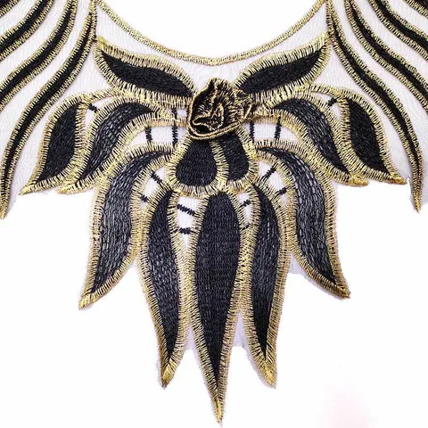 Black Gold Lace Embroidery Collar Applique Metallic Thread Floral Patch For Women Clothing DIY Sewing Accessory