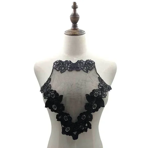 Elegante Cuello Falso de Encaje Floral Bordado Negro para Mujer Accesorios de Ropa DIY Aplique de Cuero Artificial Decoración de Escote