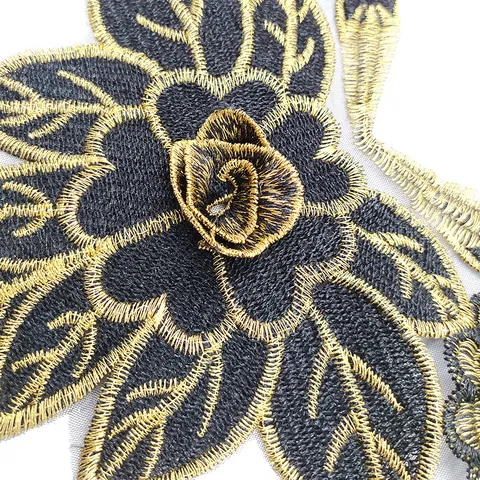 3D Rose Blumen Stickerei Spitze Applikation Falscher Kragen Schwere Handwerk Schwarz Gold Netz DIY Nähen Patch Damen Kleidung